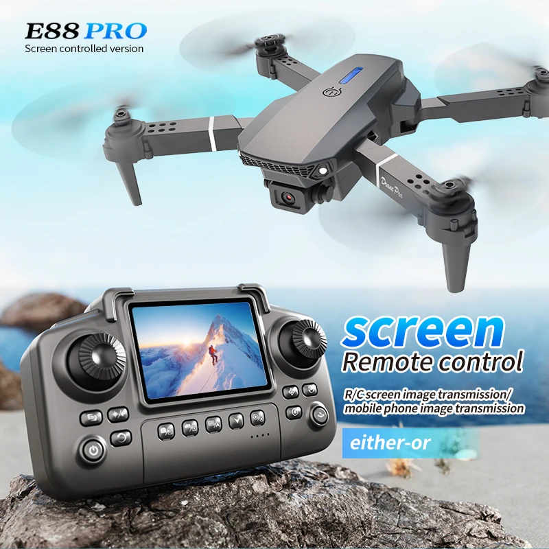 Drone Camera 4K - プロフェッショナルE88 PROドローン、スクリーン付き8K HDカメラ、WiFi FPV、折りたたみ式RCクアッドコプター、子供と大人向けのアウトドアギフト